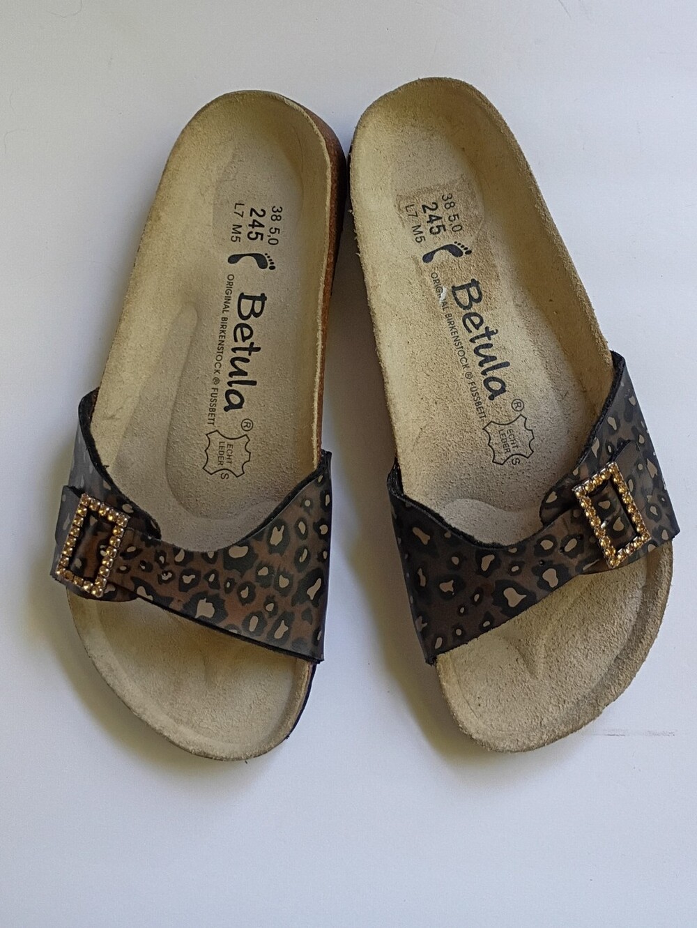 Birkenstock Betula Leopard Print Buckle Slide Sandals in Brown Size 7